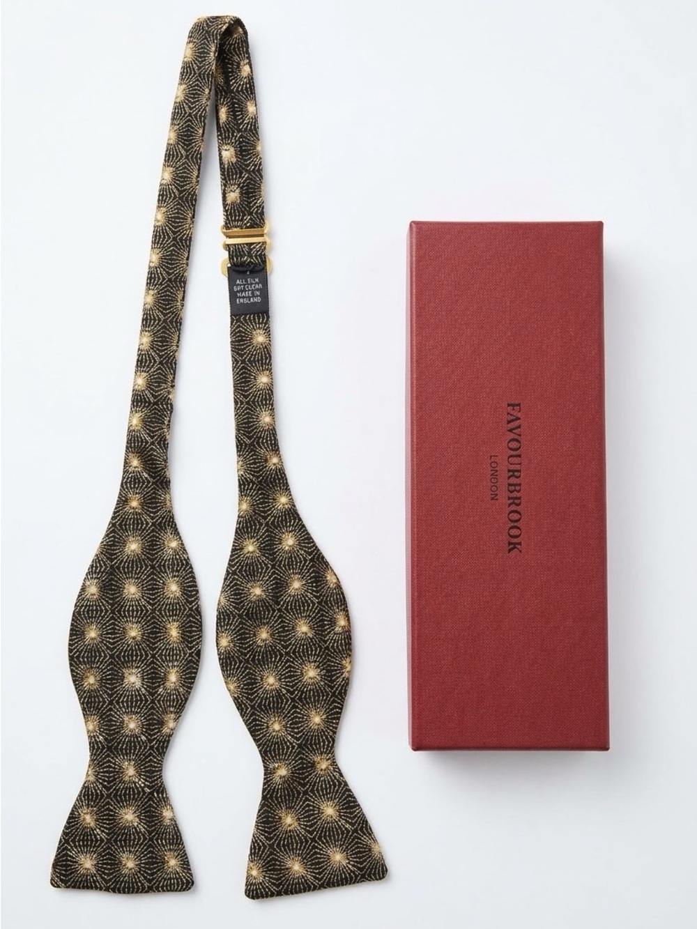 Favourbrook Silk Bow Tie Black & Gold Starburst Pattern Made in England NIB